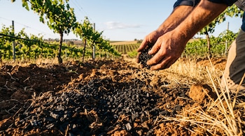 Las manos de una persona vierten trozos de carbón vegetal negro sobre la tierra entre hileras de plantas de vid.