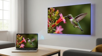 Una laptop abierta sobre una mesa transmite una imagen de un colibrí a una flor a un Smart TV montado en la pared en una sala de estar iluminada por una ventana.