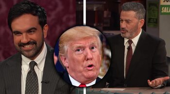 Fotomontaje con Zohran Mamdani a la izquierda, Jimmy Kimmel a la derecha y una imagen circular de Donald Trump en el centro.