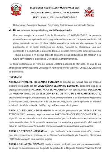 Documento oficial del Jurado Electoral Especial de Morropón con el texto impreso de una resolución sobre un proceso electoral