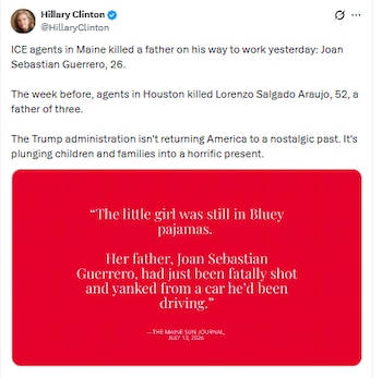Mensaje de Hillary Clinton tras los operativos del ICE que dejaron dos padres, uno de ellos Joan Sebastián Durán Guerrero, muertos - crédito @HillaryClinton/X