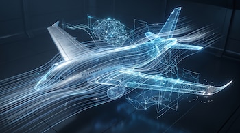 Maqueta de un avión metálico que se transforma en una estructura de red digital luminosa rodeada por líneas azules de flujo de aire.
