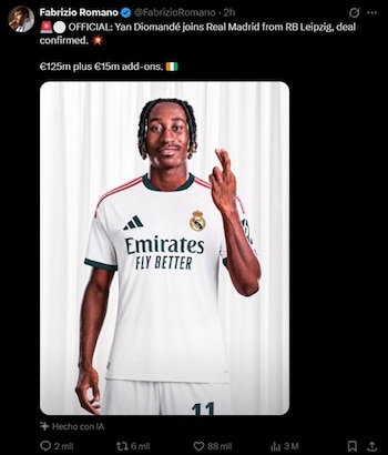 El periodista Fabrizio Romano confirmó los números del traspaso de Yan Diomande a Real Madrid desde Leipzig.