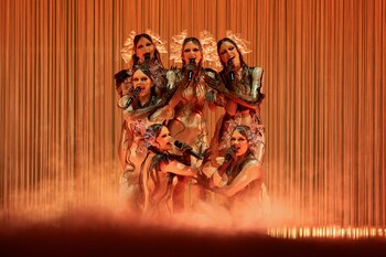 Tautumeitas, representing Latvia, perform "Bur Man Laimi", during the second semi-final of the 2025 Eurovision Song Contest, in Basel, Switzerland, May 15, 2025. REUTERS/Denis Balibouse TPX IMAGES OF THE DAY