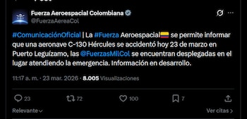 La Fuerza Aeroespacial Colombiana confirmó el accidente aéreo en el municipio de Puerto Leguízamo, Putumayo - crédito X
