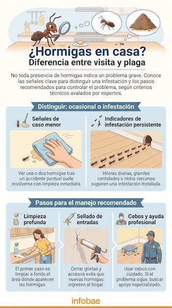 Infografía con ilustraciones de hormigas, un nido de hormigas, una persona limpiando, una mano sellando una grieta y un trabajador de control de plagas.