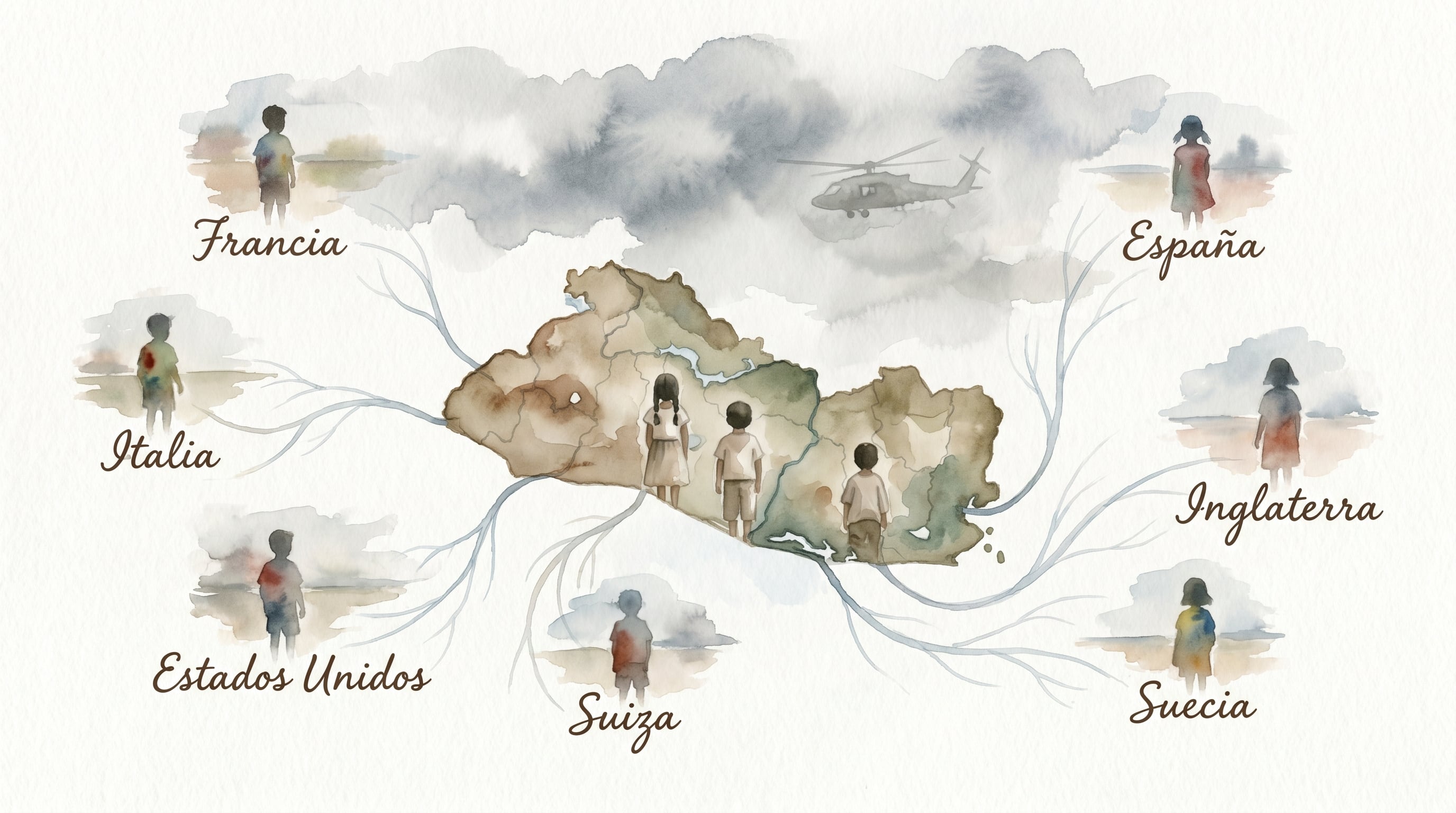 Ilustración en acuarela que representa la diáspora salvadoreña, con niños emergiendo de un mapa de El Salvador y líneas hacia países como Estados Unidos y España, bajo un cielo nublado y un helicóptero. (Imagen Ilustrativa Infobae)