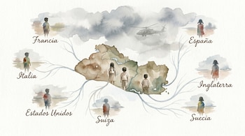 Ilustración en acuarela con mapa de El Salvador central, niños de espaldas, líneas a países como Francia, EE.UU. con siluetas de niños, y un helicóptero militar bajo nubes.