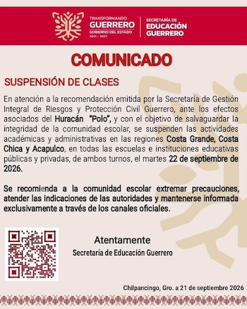 Comunicado oficial de la Secretaría de Educación de Guerrero con texto, código QR y logotipos del gobierno estatal sobre fondo claro