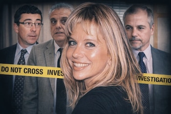 Imagen conceptual: Nora Dalmasso en primer plano con tres hombres de traje detrás, separados por una cinta amarilla con texto "DO NOT CROSS INVESTIGATION".