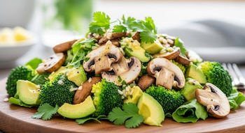 Primer plano de una ensalada fresca con champiñones en rodajas, brócoli, trozos de aguacate y cilantro sobre una tabla de madera.