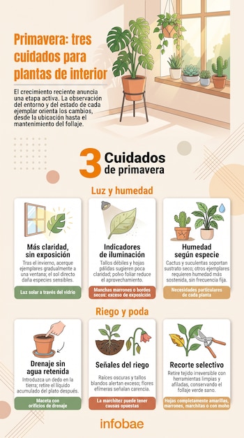 Infografía con ilustraciones de plantas en macetas, una ventana, un dedo en la tierra de una maceta y unas tijeras de podar sobre hojas.