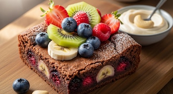 Primer plano de un brownie oscuro espolvoreado con azúcar glass, cubierto con rodajas de fresa, kiwi, plátano, arándanos y frambuesas. Se observa un tazón con crema en el fondo.
