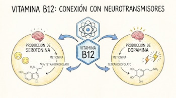 Dibujo explicativo sobre la vitamina B12 y su rol en la producción de serotonina y dopamina, mostrando sus estructuras químicas y diagramas cerebrales.