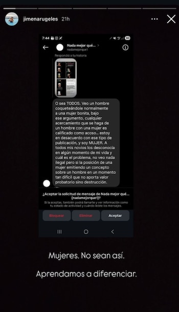 Jimena le respondió a usuaria que aseguró que no había acoso en los comentarios de Orrego - crédito @jimenarugeles/ Instagram