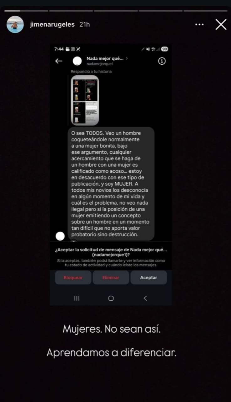 Jimena le respondió a usuaria que aseguró que no había acoso en los comentarios de Orrego - crédito @jimenarugeles/ Instagram