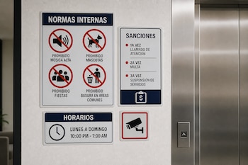 Carteles en la pared junto a un ascensor detallan prohibiciones, sanciones, horarios y una señal de cámara de videovigilancia.