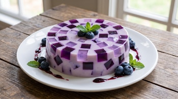 Gelatina en mosaico con cubos morados y lilas sobre un plato blanco, adornada con arándanos, hojas de menta y salsa. Se encuentra en una mesa de madera.