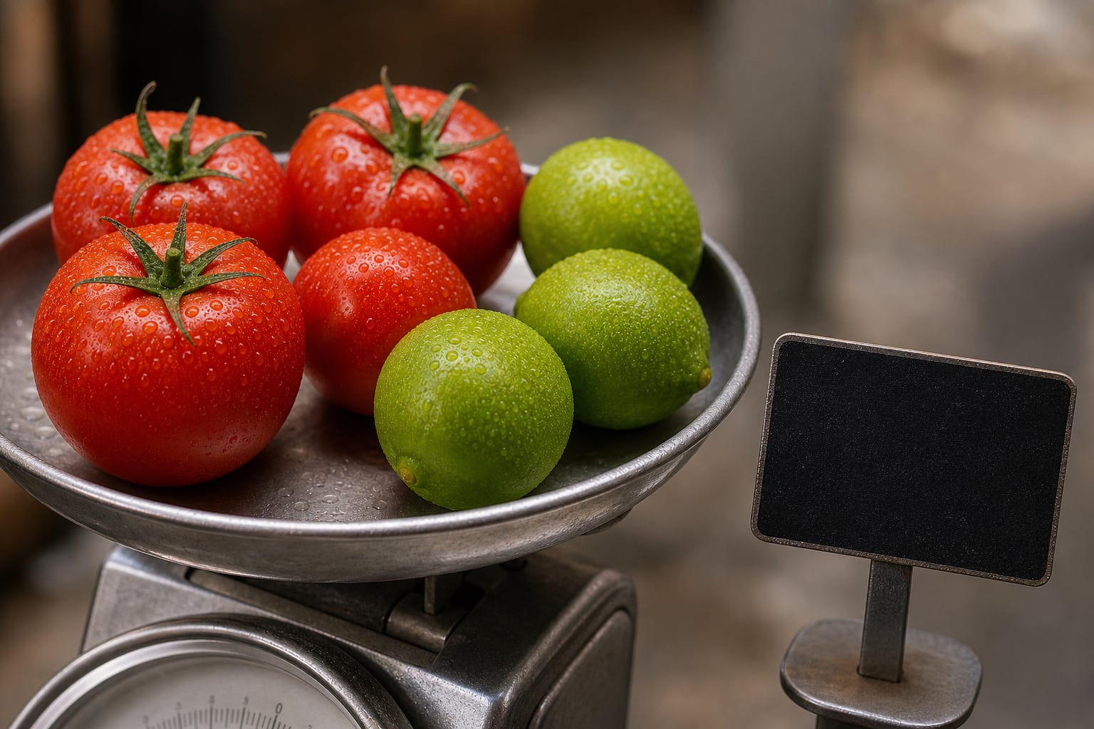 Cuatro tomates rojos y tres limones verdes reposan sobre el plato metálico de una balanza de mercado junto a una pequeña pizarra sin texto. (Imagen Ilustrativa Infobae)