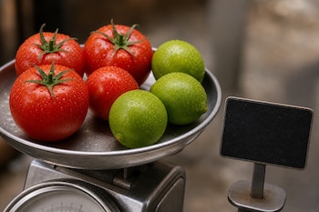 Tomates rojos y limones verdes con gotas de agua sobre el plato de una balanza metálica, junto a un cartel negro vacío.