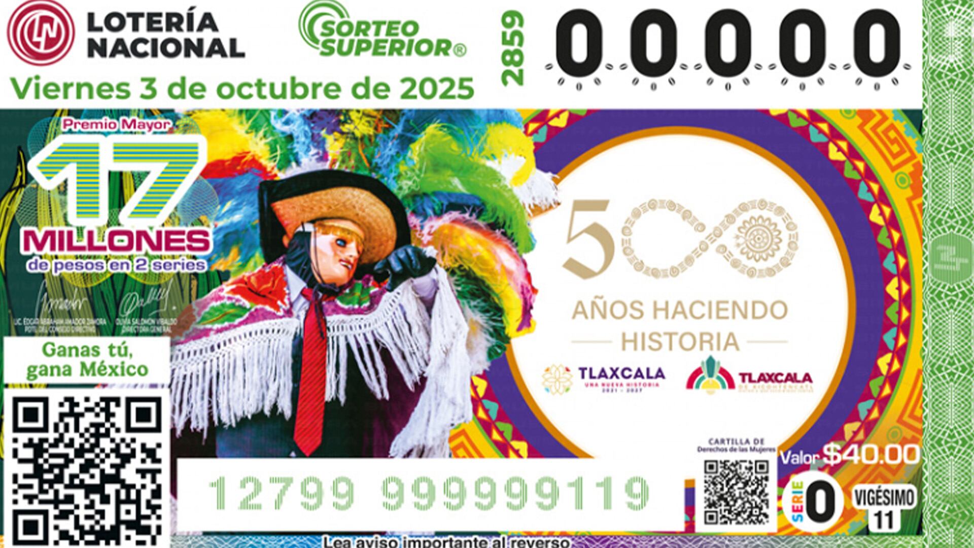 La lotería nacional hace homenaje a los 500 años de la fundación de la ciudad de Tlaxcala.(Loteria Nacional)