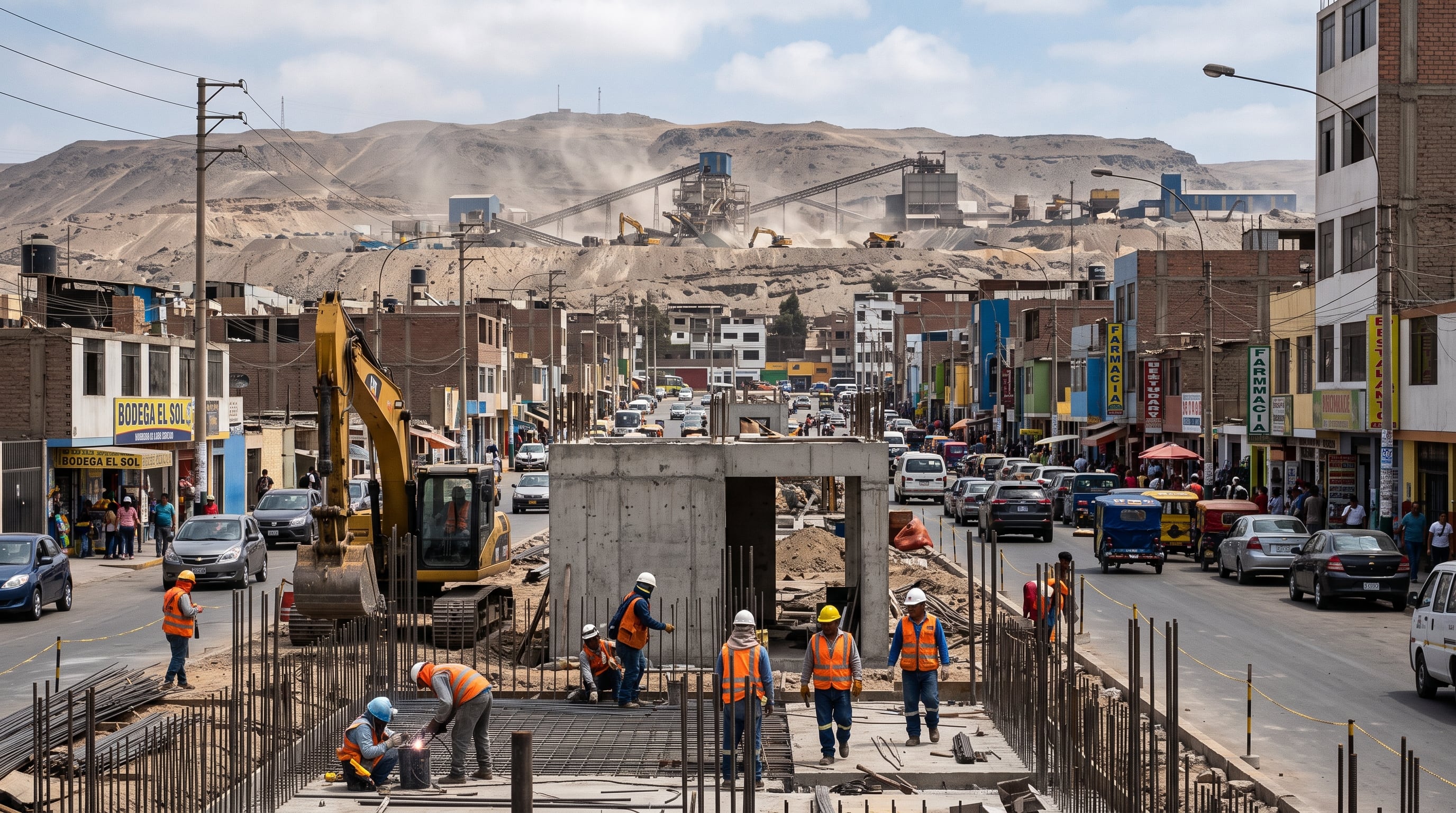 Trabajadores realizan obras de infraestructura vial en una avenida comercial de Lima rodeada por comercios y una zona minera. (Imagen Ilustrativa Infobae)