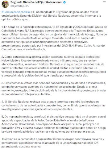 El Ejército confirmó posteriormente la muerte de Neiver Madera Ricardo y cinco militares heridos tras el ataque. - crédito @Ejercito_Div2/X