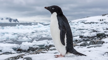 Un pingüino de plumaje blanco y negro de perfil sobre rocas con nieve, frente a bloques de hielo flotante y cielo nublado.
