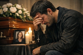 Un hombre llora con la mano en la frente, sosteniendo un rosario. Detrás, un ataúd, flores blancas, una foto de una mujer y dos velas encendidas.