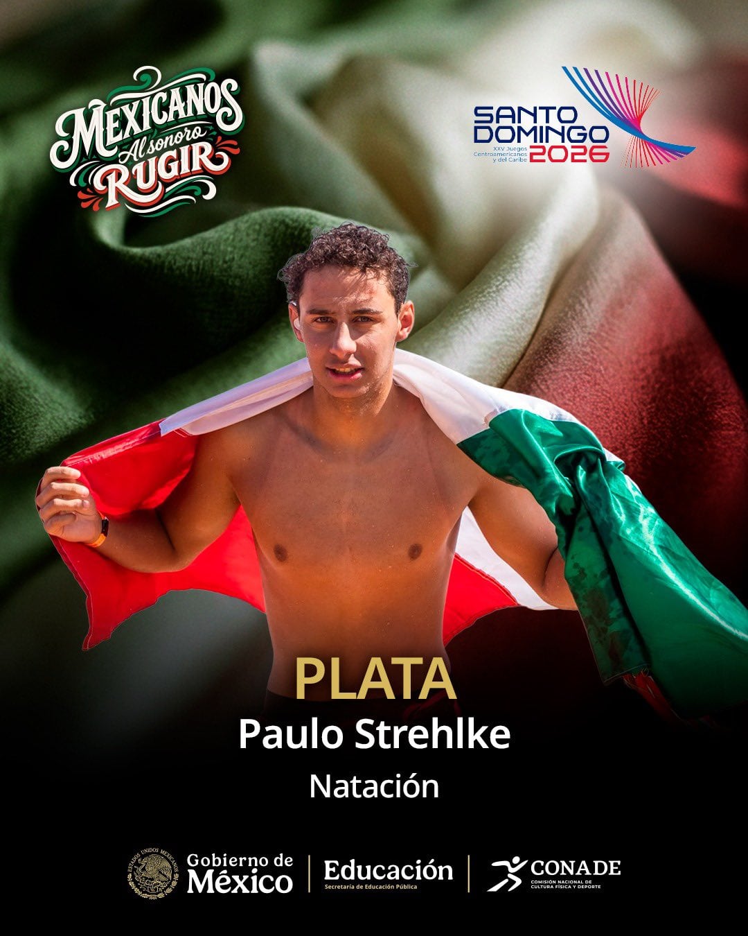 El nadador mexicano Paulo Strehlke es presentado como medallista de plata en natación para los XXV Juegos Centroamericanos y del Caribe Santo Domingo 2026. (X / CONADE)