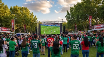 Multitud de personas con camisetas de fútbol de la selección mexicana viendo un partido en una pantalla gigante en un parque arbolado bajo un cielo nublado.