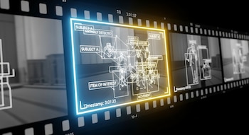 Tira de fotogramas de video. Un fotograma central está iluminado con un borde azul y amarillo, mostrando figuras humanas y objetos con etiquetas como "ANOMALY DETECTED".