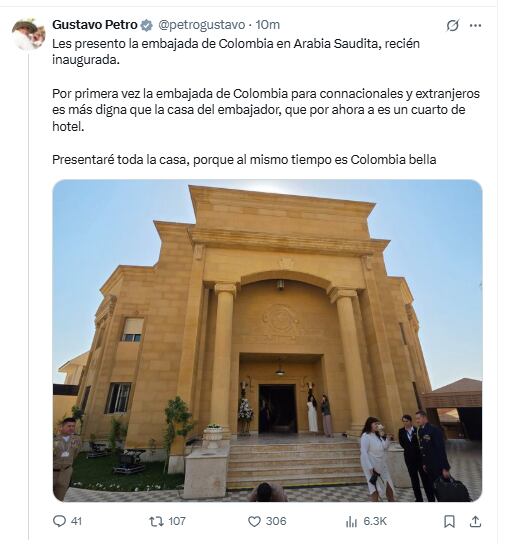 Esta es la publicación de Petro en la que el mandatario muestra la nueva sede de la embajada colombiana en Arabia Saudita - crédito @petrogustavo/X