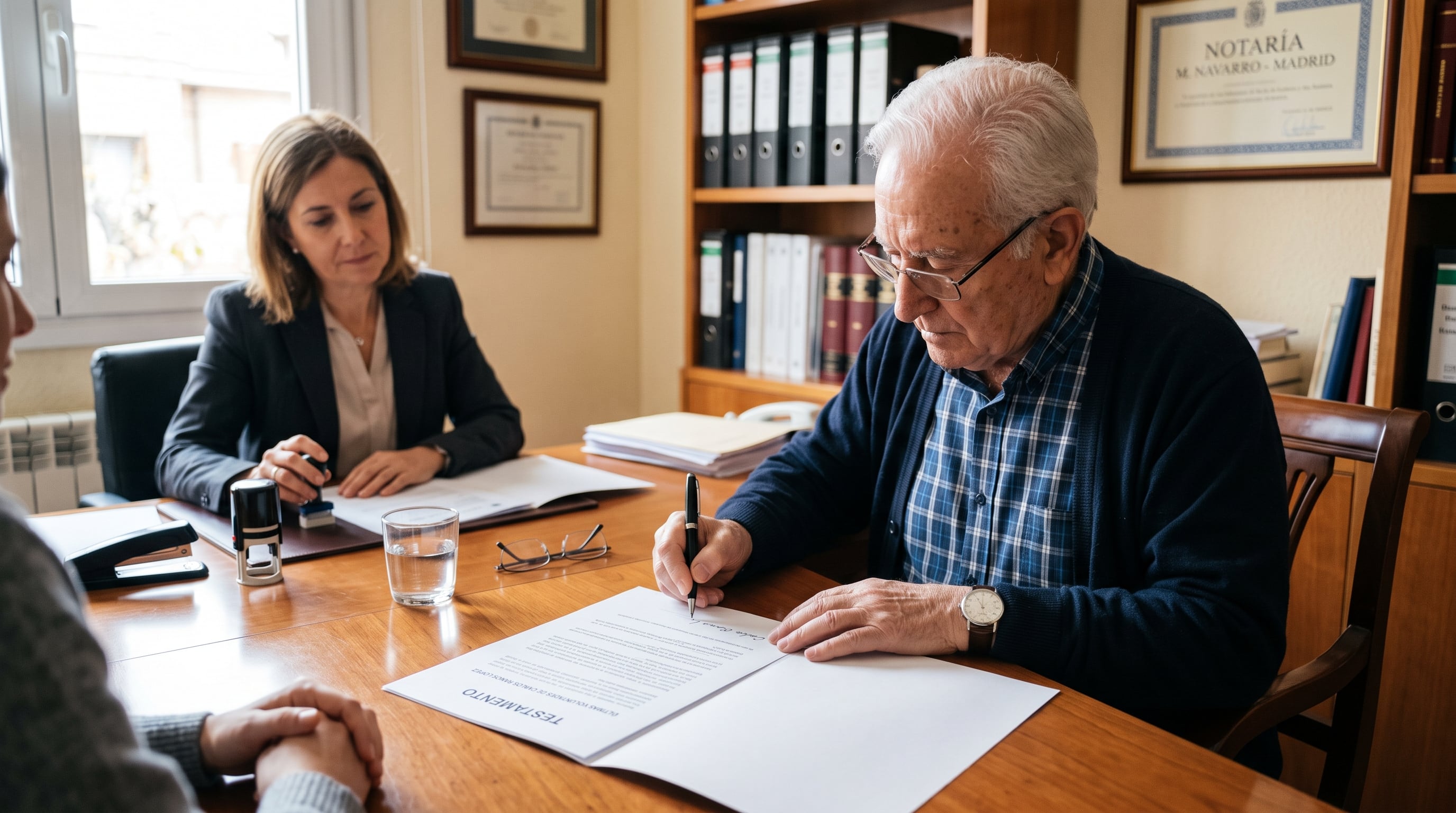 Un hombre firma su testamento ante una notaria. (Imagen Ilustrativa Infobae)