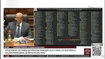 Un hombre en un escritorio de presidencia junto a una pantalla con un tablero electrónico de votación y listas de legisladores