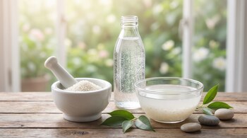 Mortero con arroz, botella de agua mineral, cuenco con agua de arroz, hojas verdes y piedras lisas sobre una tabla de madera.