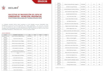 Documento oficial con logo JNE y título Solicitud de inscripción de lista de candidatos. Tabla con nombres, cargos y datos de candidatos del Partido del Buen Gobierno