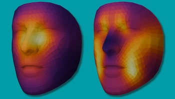 Dos modelos tridimensionales de rostros humanos con mallas poligonales y colores térmicos sobre un fondo verde azulado