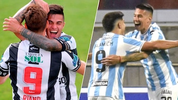 Dos paneles con jugadores de fútbol abrazados. Izquierda: camiseta blanca y negra, número 9. Derecha: camiseta blanca y celeste, número 9