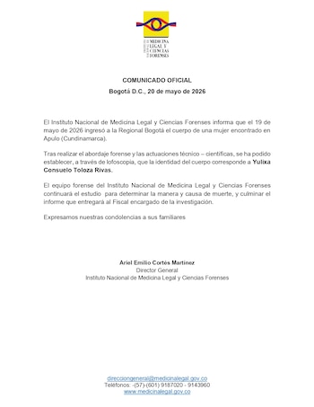 Medicina Legal confirmó, que tras encontrar el cuerpo el día 19 de mayo, este sí corresponde a Yulixa Toloza desaparecida desde el 13 de mayo - crédito Medicina Legal