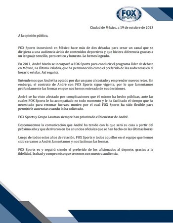 Comunicado oficial Fox Sports André