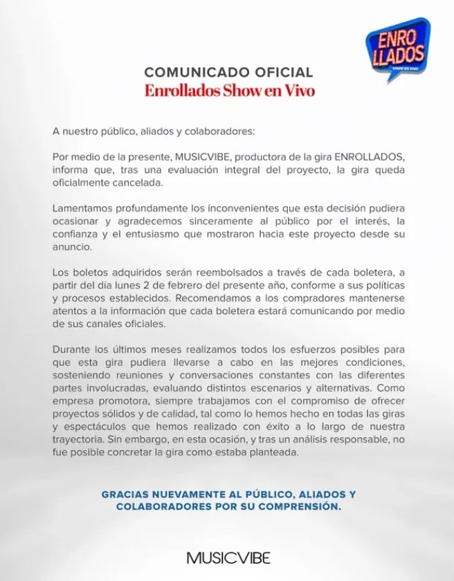 MusicVibe y One niegan responsabilidad en la suspensión de la gira y destacan sus esfuerzos para lograr el evento de