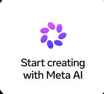 Fondo blanco con un logo de formas ovaladas en degradado morado y azul, y el texto "Start creating with Meta AI" en color negro