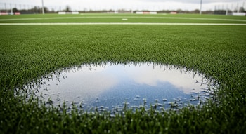 Imagen de cerca de un charco circular en un campo de césped sintético verde, con las líneas blancas de una cancha de fútbol en el fondo bajo un cielo nublado.