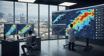 Dos científicos en batas blancas observan pantallas grandes que muestran mapas de calor. Un científico se sienta en un escritorio, otro apunta a una pantalla mural.