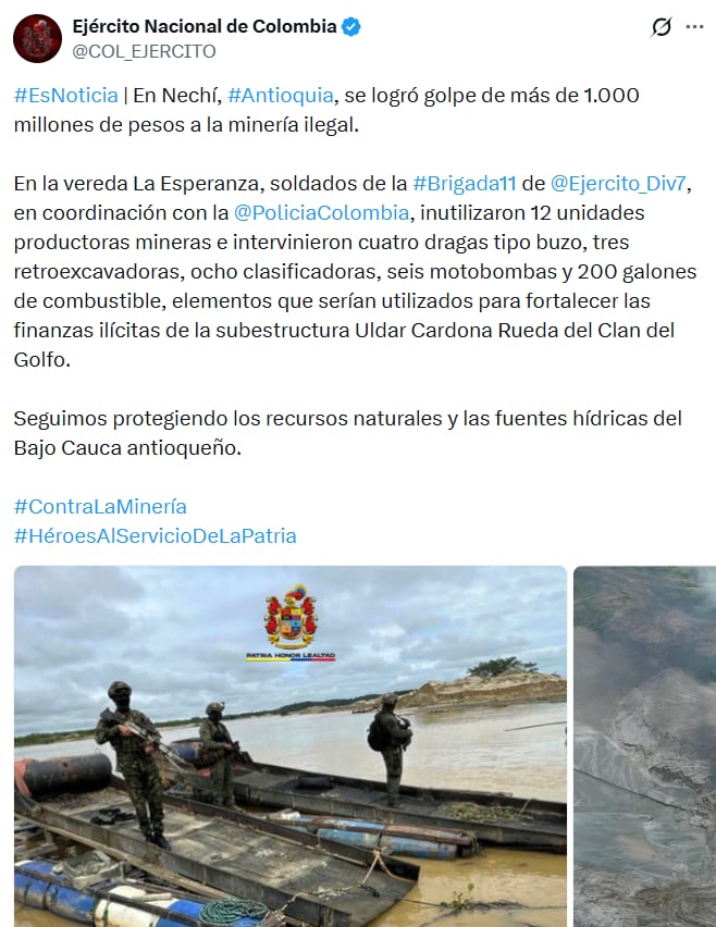 El Ejército reportó un nuevo operativo en la vereda La Esperanza, en Nechí - crédito @COL_EJERCITO/X