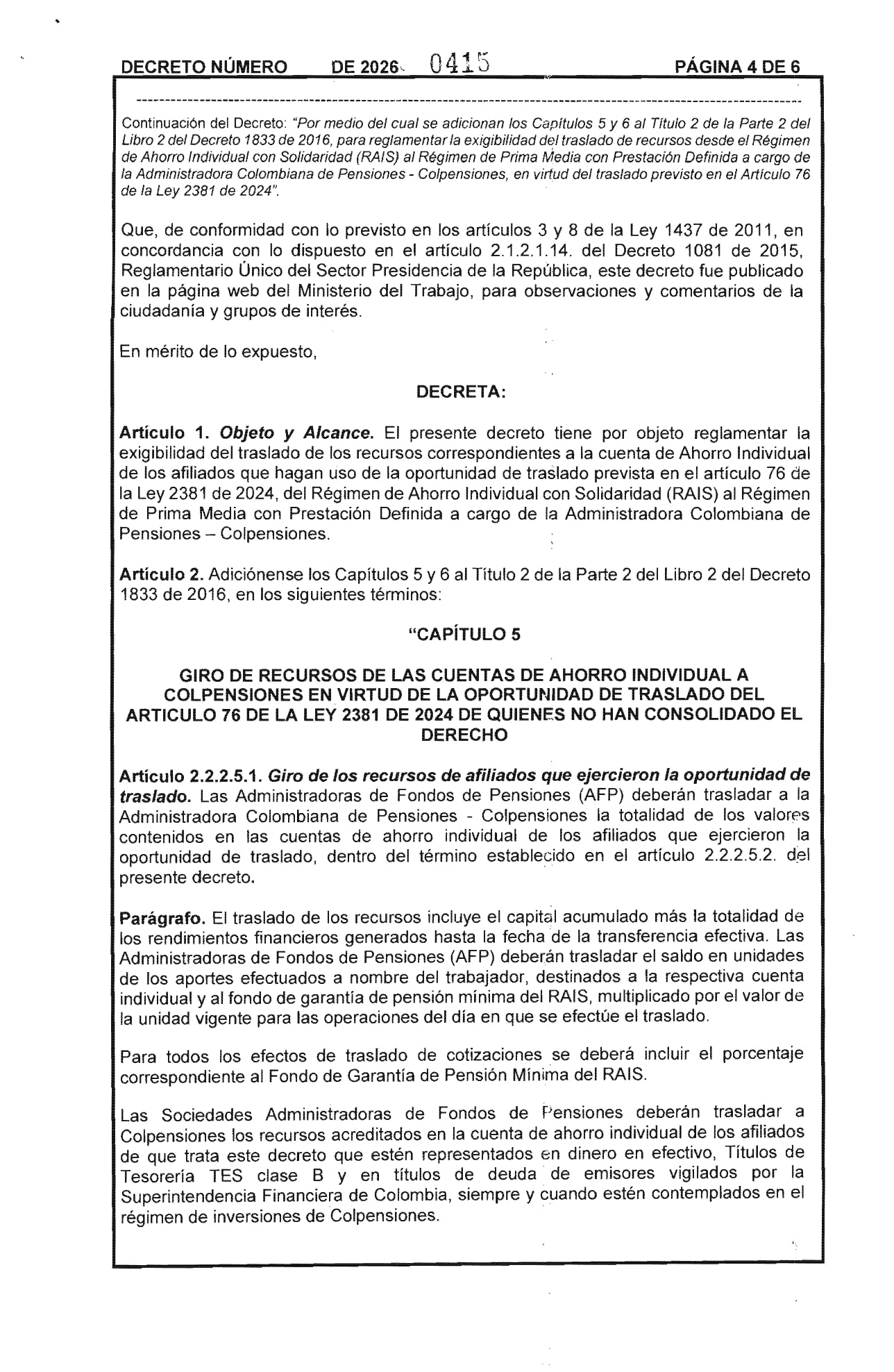 El Decreto 0415 de 2026 ordenó el traslado de $25 billones desde las AFP hacia Colpensiones, en medio de advertencias del sector financiero por su impacto- crédito Presidencia de la República