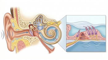 Diagrama anatómico del oído humano, detallando el oído externo, medio e interno. Un recuadro amplía la cóclea y las células ciliadas, ilustrando la transmisión del sonido