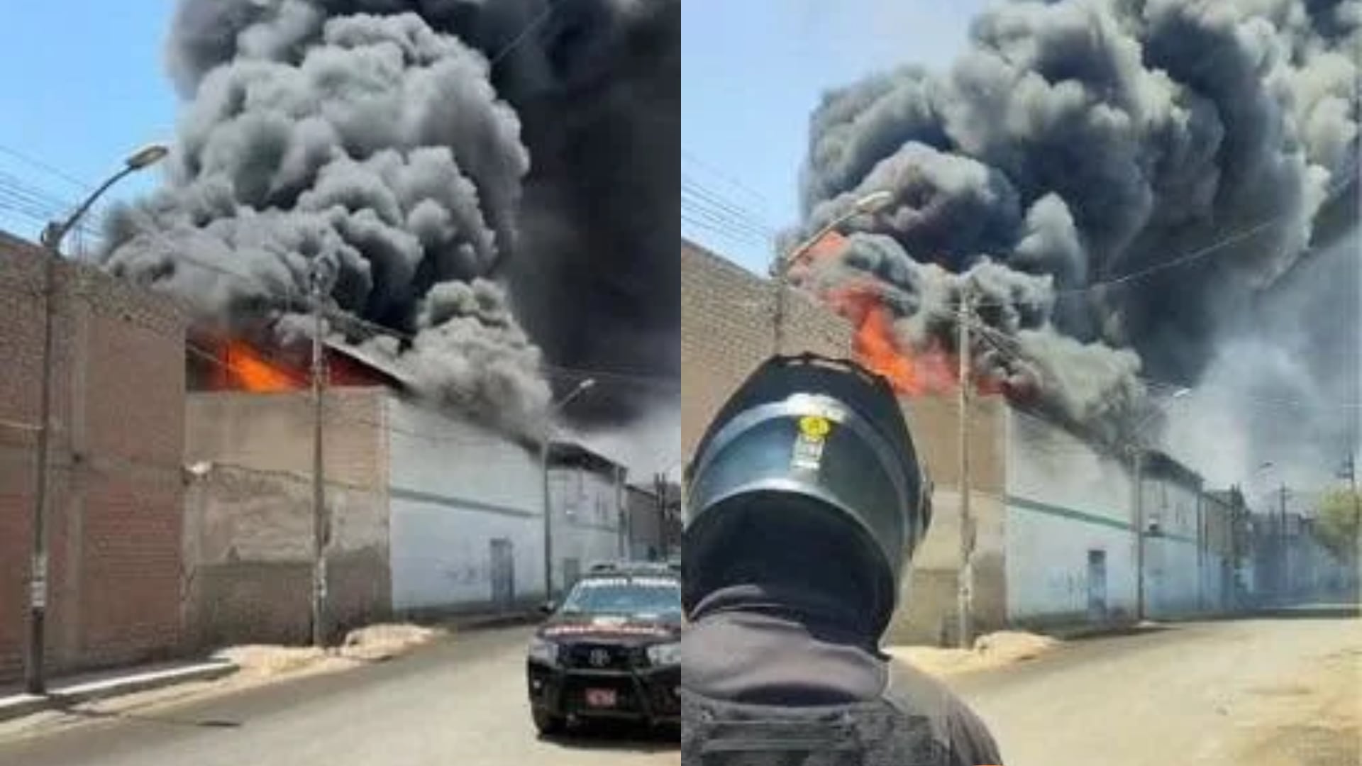 Una columna de humo negro y fuego sale del techo de un inmueble en Puente Piedra durante la intervención de los bomberos y personal de seguridad. (Composición: Infobae Perú / La Voz de Comas)