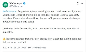 El reporte emitido a las 5:20 a. m. ubicó la segunda emergencia en el kilómetro 2 dentro del municipio de Flandes - crédito @ViaSumapaz/X